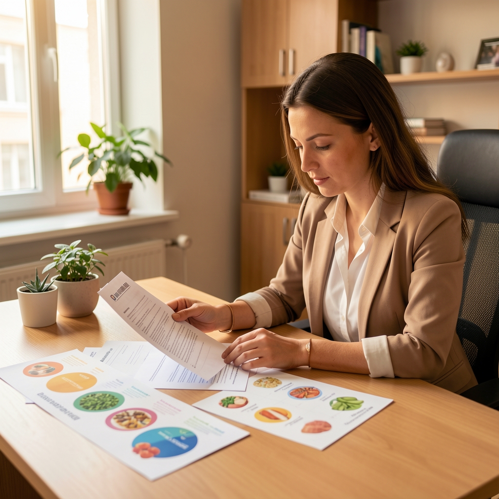 Nutritionist at a clean wooden desk in a Bucharest office reviewing printed dietary documentation and colourful food-group reference charts in warm interior light