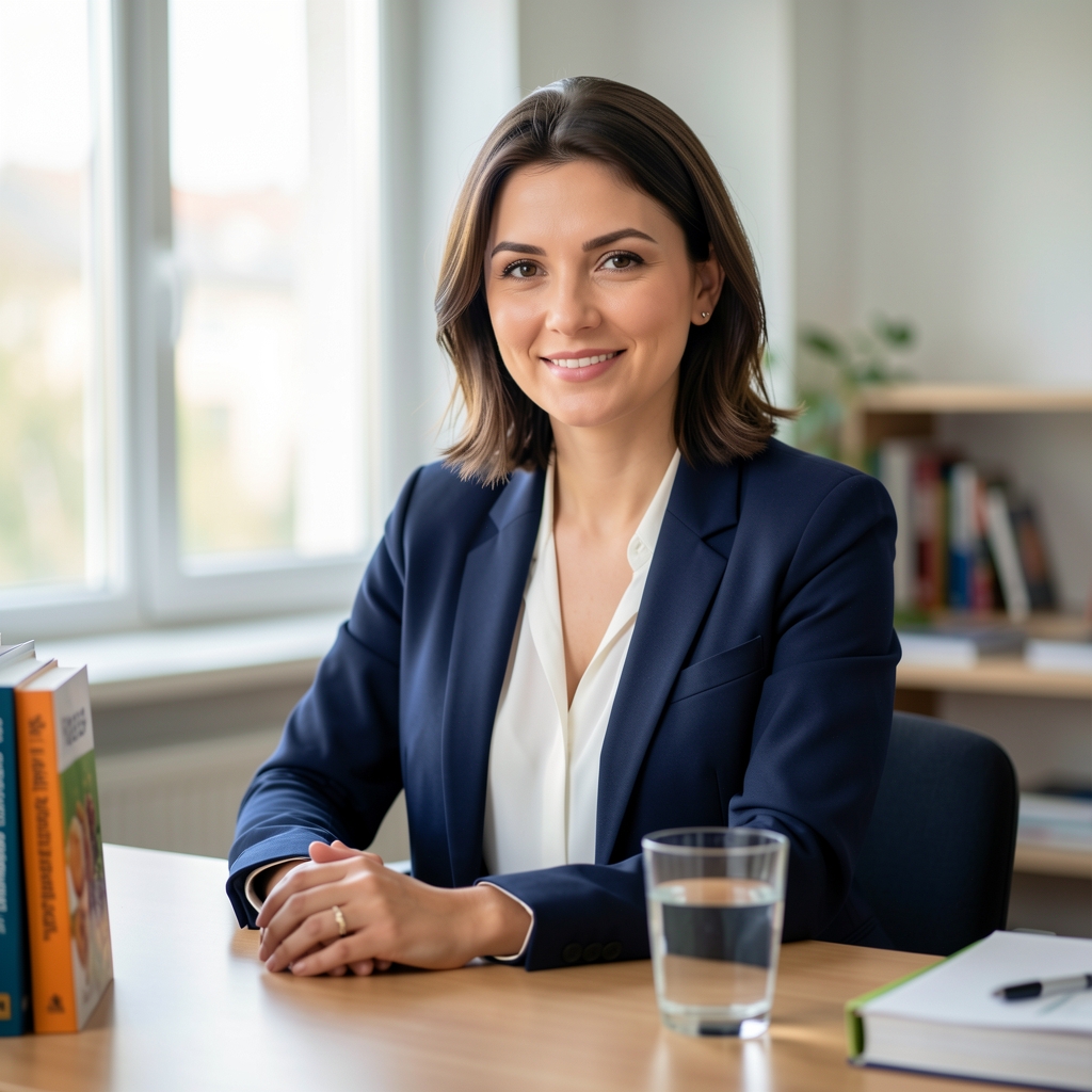 Professional portrait of a female nutritionist in a bright Bucharest studio office, seated at a wooden desk with dietary reference books and a glass of water, natural light from large window