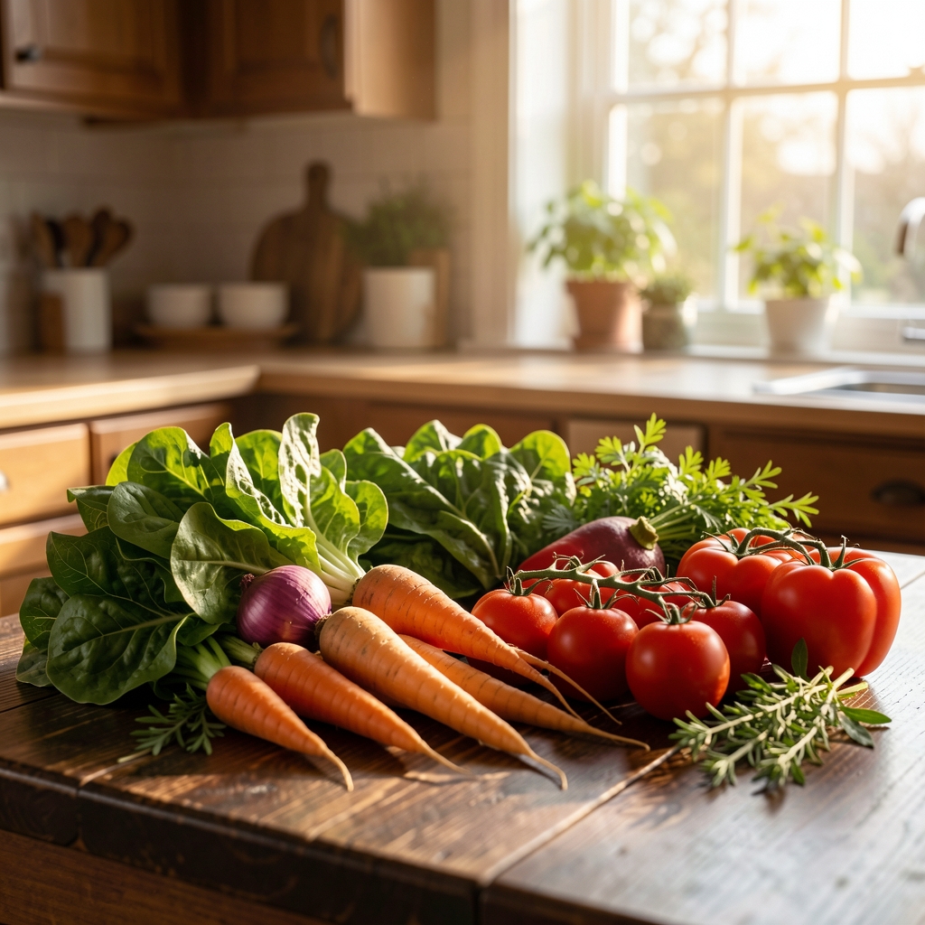 Bright Bucharest kitchen table with fresh seasonal vegetables, leafy greens, tomatoes and herbs arranged on a dark wooden surface, warm morning light streaming through window