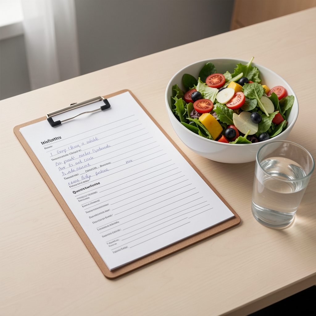 Open dietary intake questionnaire on a clipboard with handwritten notes, a bowl of fresh mixed salad and a glass of water on a consultation table under studio lighting