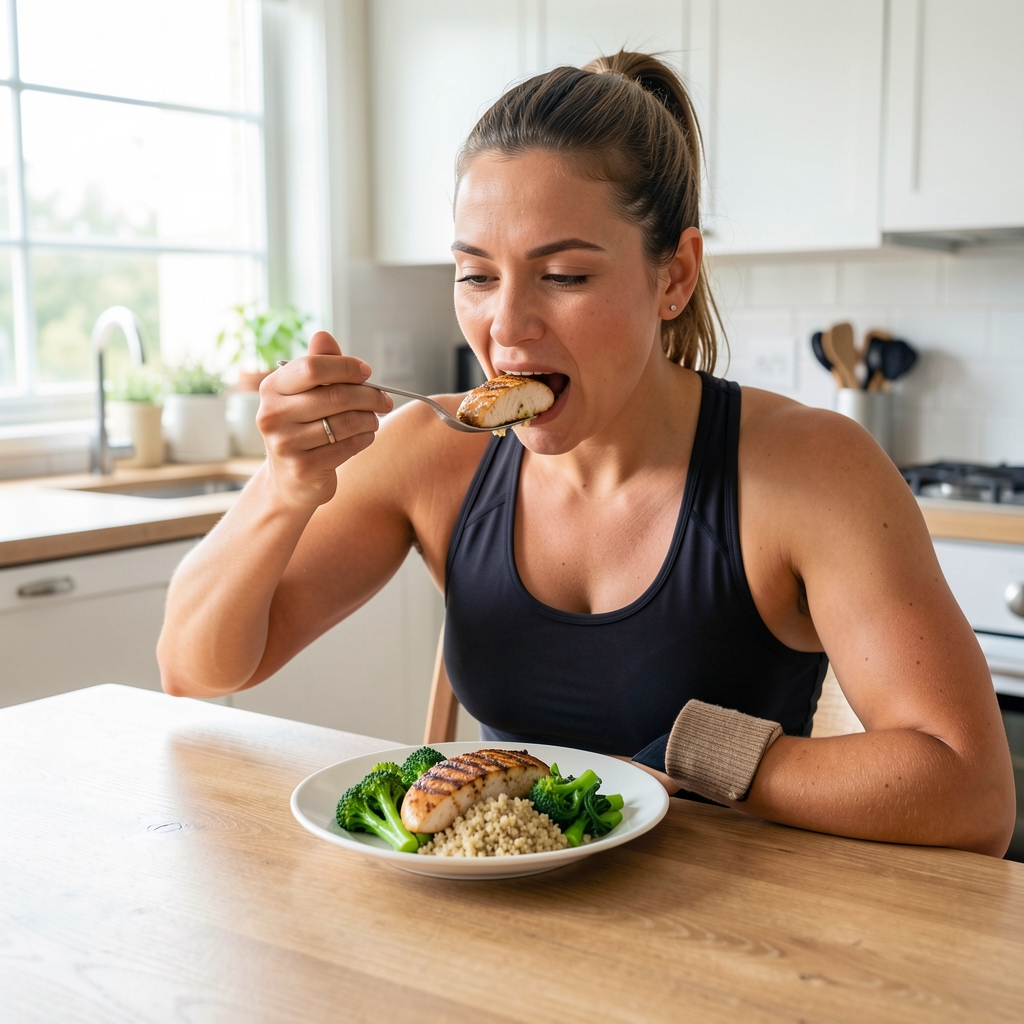 Active person in sportswear eating a post-workout meal of grilled chicken breast, quinoa and steamed green vegetables at a kitchen table, bright natural daylight