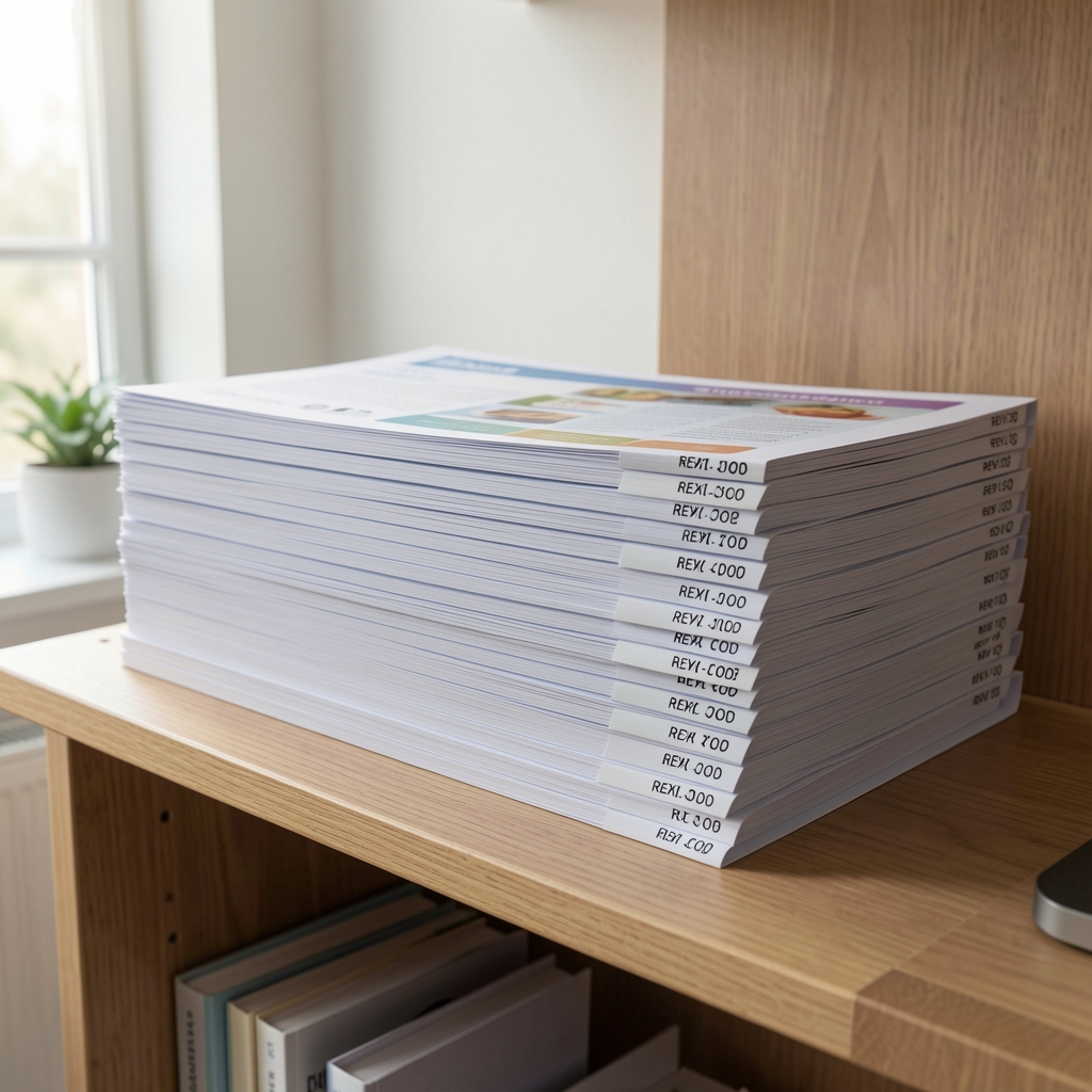 Stack of printed dietary programme folders with revision code labels visible on folder tabs, arranged neatly on a wooden shelf in a tidy consultation room