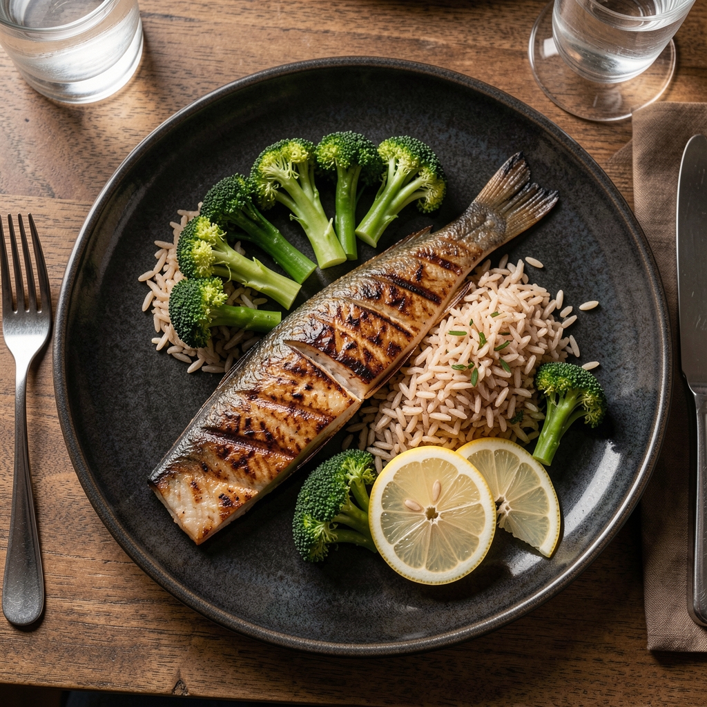 Overhead view of a varied balanced meal plate with grilled fish, steamed broccoli, brown rice and sliced lemon on a dark ceramic dish, restaurant table setting