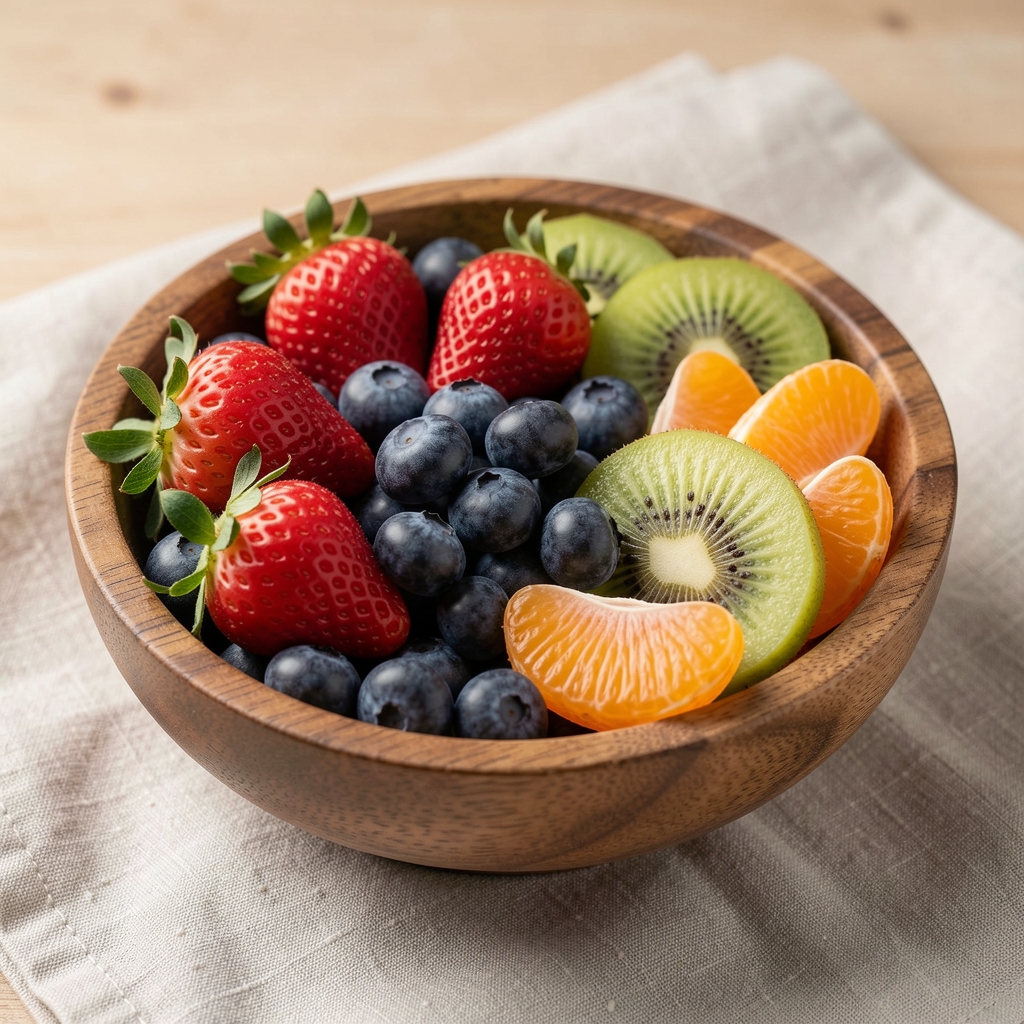 Close-up of colourful fresh fruits arranged in a wooden bowl: strawberries, blueberries, sliced kiwi and orange segments on a light linen cloth