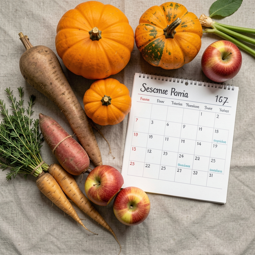 Flat-lay of seasonal Romanian produce including root vegetables, winter squash, fresh herbs and apples arranged on a textured linen surface beside a handwritten seasonal food calendar