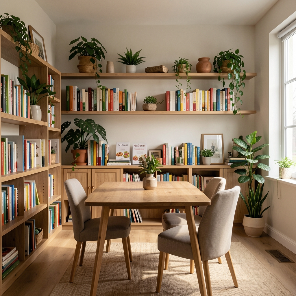 Interior view of the Aledonir consultation studio in Bucharest Sector 2, with shelves of nutrition reference books, natural plant decorations, and a meeting table with two chairs