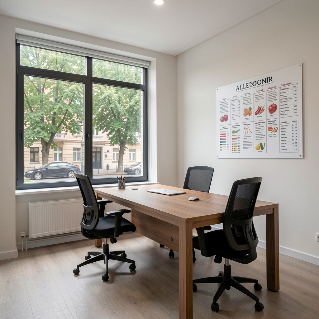 Full-room view of the Aledonir consultation studio in Bucharest with a large window overlooking a tree-lined street, a wooden desk, ergonomic chairs and a wall-mounted nutritional reference chart