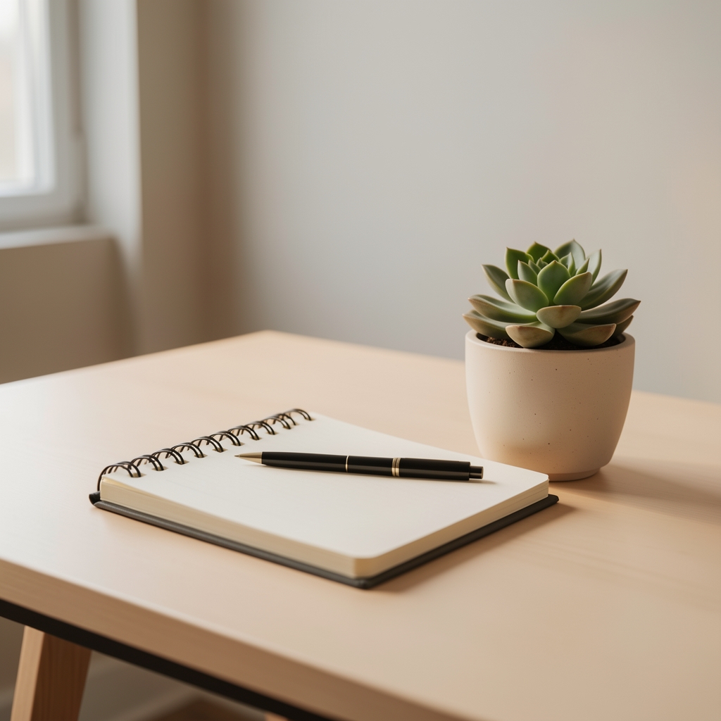 Close-up of a clean minimalist desk in the Aledonir nutrition studio with a notebook, pen and a small succulent plant, warm ambient lighting