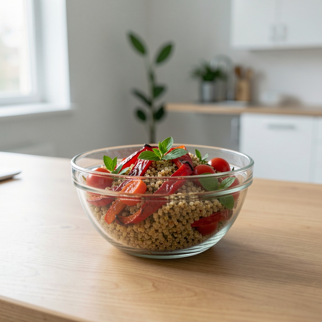 Freshly prepared healthy meal in a glass bowl on a consultation table, featuring quinoa, roasted red peppers, cherry tomatoes and fresh herbs, styled in a nutritionist studio setting