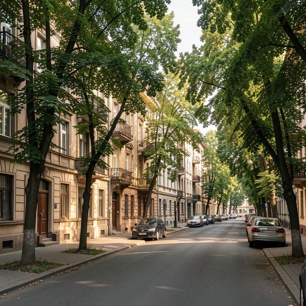 Exterior view of a Bucharest residential street in Sector 2 with tree canopy and period architecture, afternoon light, the kind of neighbourhood where the Aledonir studio is located